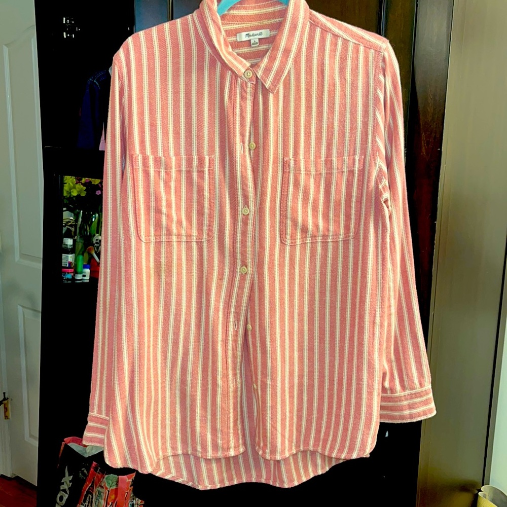 Madewell Pink and White Striped Button-Down Flannel Shirt